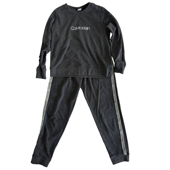 Calvin Klein Charcoal Gray Logo Lounge Set | Women’s Long Sleeve PJ Top & Jogger - Picture 2 of 5